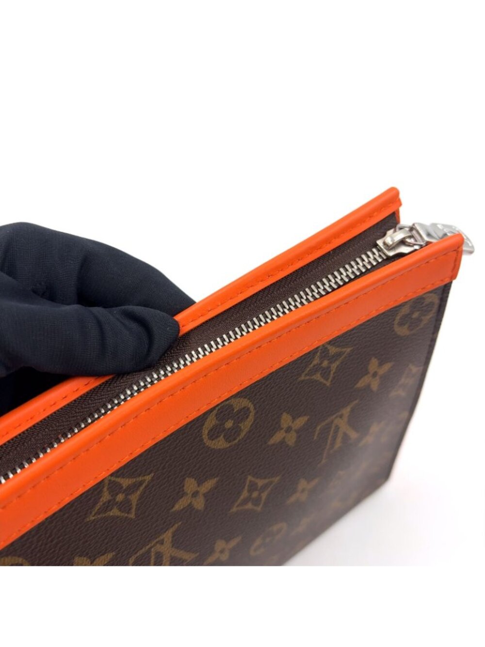 Louis Vuitton Pochette Voyage MM Monogram Macassar Leather Orange Brown Clutch - Picture 9 of 15